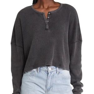 PACSUN waffle knot Henley crop top with acid wash/ distressed finish